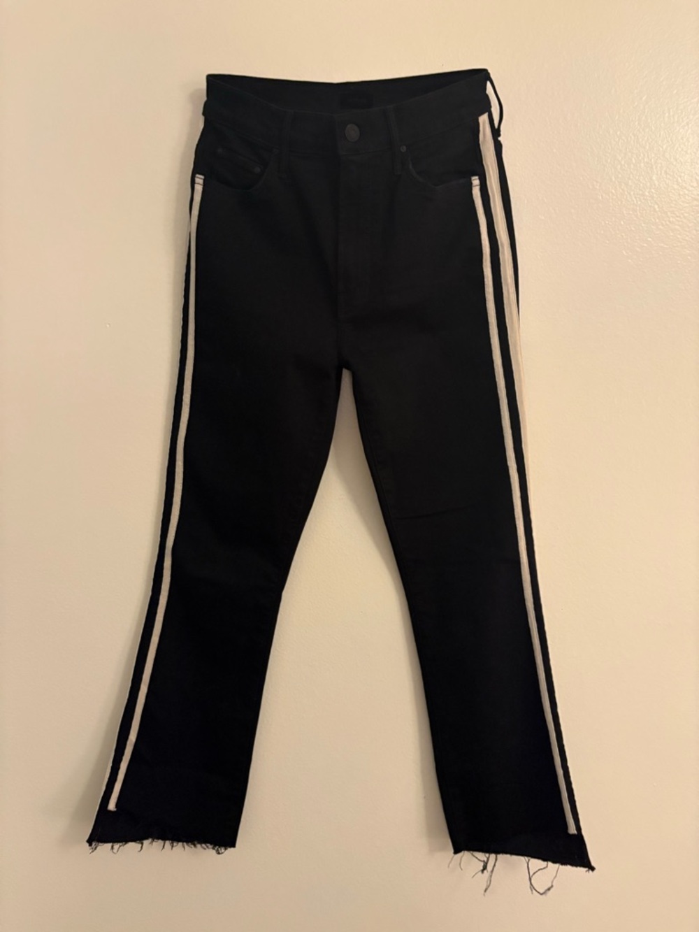 MOTHER Insider Crop Step Fray Jeans 27 Guilty Racer Black Side Stripe Raw Hem - Picture 12 of 13